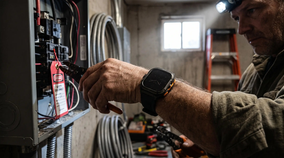 Electrician at a de-energized breaker panel with a lockout tag, wearing a Horonix Raptor X5 on a black rubber band