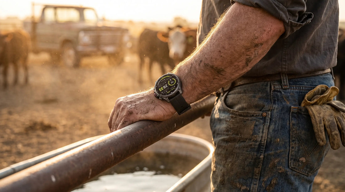 Rancher's forearm on a steel gate at sunrise wearing a Horonix Expedition X2 with a yellow-green face, cattle and a water trough behind
