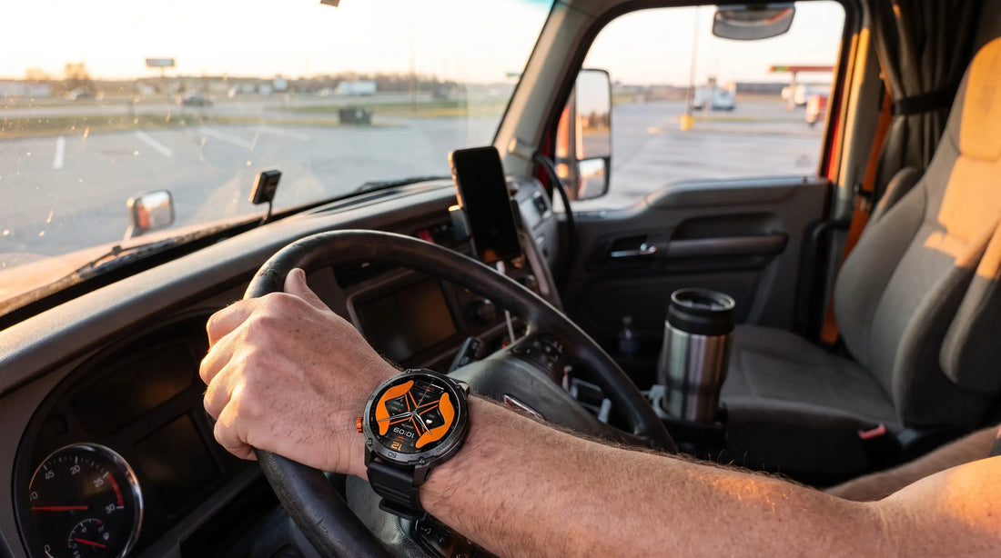 Truck driver's hand on the steering wheel at dawn wearing a Horonix Pathfinder Ultra, phone in a dash mount, highway ahead