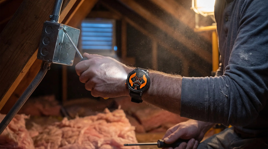 Tradesman's wrist in a dark attic wearing a Horonix Pathfinder Ultra with its built-in LED flashlight lighting a junction box